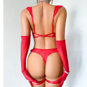 Ensemble de lingerie sexy Deep Love rouge, style français, avec design à volants, en maille tricotée transparente, effet sculptant, avec gants et anneaux de jambe - Product Image 4