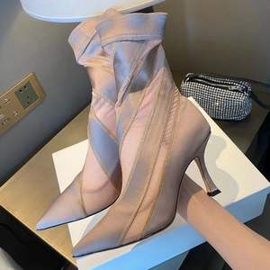 Moda británica Bota Transparente a rayas Material elástico calcetines malla lápiz tacón Mujer <span class=keywords><strong>botas</strong></span> de lujo - Product Image 3