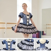 T1778 Costume de ballet vintage pour filles, tutu en forme de crêpe, manches courtes bouffantes, dentelle superposée, pour spectacle de danse sur scène