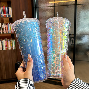 Tazza da Caffè in Plastica Riutilizzabile da 24oz con Doppia Parete, Gradiente Glitterato Trasparente, Personalizzabile, con Cannuccia e Coperchio - Product Image 3