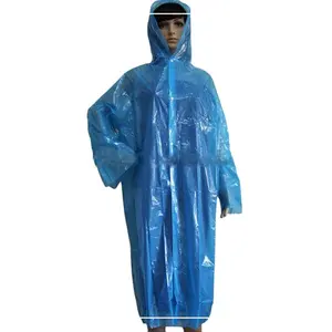 Fácil de transportar capa de chuva dobrável azul com botão, impermeável impermeável plástico reutilizável com mangas e capuz