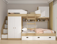 Lit mezzanine gain de place en bois avec rangement encastré, 3 tiroirs et armoire pour chambre familiale ou d'enfants