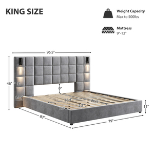 Cama Queen Tapizada en Oferta con Lámpara de Lectura, Puerto USB, Cabecera Ancha Sin Mesitas de Noche, Colchón de Terciopelo para Sala de Estar - Product Image 6