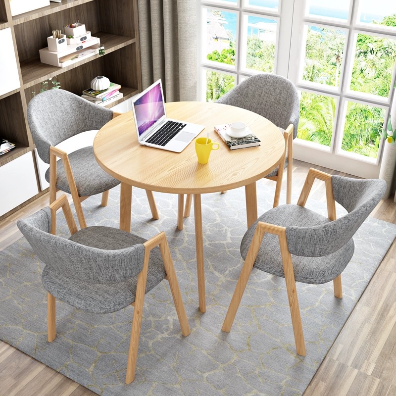 Light gray cloth 4 chairs + 80 wood color round table