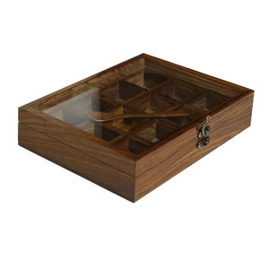 Wooden Spice Storage <b>Box</b> 30x22.5x7cm Flip Top <b>Glass</b> Lid Divided Compartments For Kitchen Organization - Product Image 5