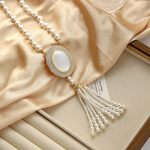 Guohaoshipin Pearl Necklace Oval Pendant Tassel Design For Sweater Chain - Product Image 2