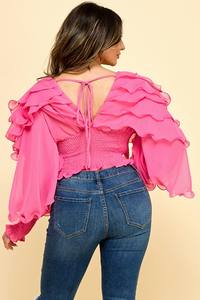 <span class=keywords><strong>Haut</strong></span> en mousseline douce et fraîche pour femme, col en V, manches <span class=keywords><strong>pagode</strong></span>, translucide, uni, teint en magenta, volants, taille smockée pour le printemps/été - Product Image 5