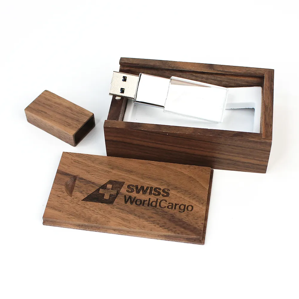 Logo personnalisé 3D Gravé Cristal USB 3.0 Bâton en Bois 1GB 64GB Verre Flash Drive Business 4GB 8GB 16GB Pendrive Wood Box Pen"