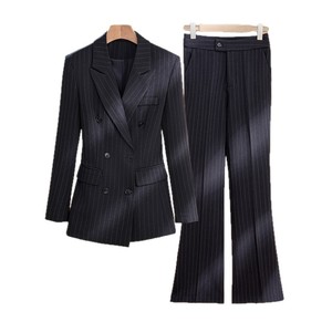 Pink Striped Suit Set Women Double Breasted Blazer Pants Formal Work Wear Autumn British Style Anti-Wrinkle Polyester Fabric - Product Image 5