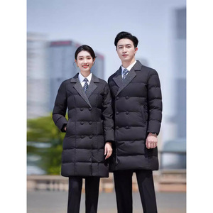 Black Cotton-Padded Coat Men Winter Long Double-Breasted Workwear Unisex Solid Color Polyester Outerwear - Product Image 2