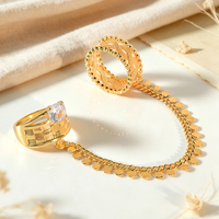 Bague double en laiton plaqué or avec chaîne connectée et pampille, anneaux à pièces pour femme, bijoux de luxe avec bande en zircon, bague à deux doigts reliés