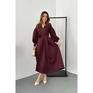 Robe scuba bordeaux coupe trapèze, col rond, taille naturelle, en tissu tissé, confortable, pour le bureau - Product Image 5
