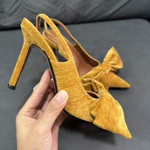 Sandalias de Tacón Alto con Punta en Pico y Lazo de Terciopelo Amarillo para Mujer, Estilo Moderno, Zapatos de Calidad para Dama - Product Image 3