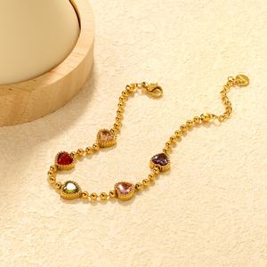 Wholesale 18K Gold Plated Summer Bracelet Chain Stainless Steel Jewelry <b>Charm</b> Colorful Cubic Zircon Heart Bracelet for Women - Product Image 4