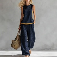 Nouvel ensemble pantalon large contrastant sans manches de style européen et américain pour femme – Tenue décontractée d'été tendance deux pièces