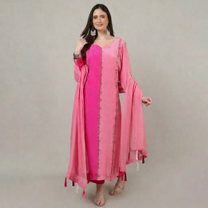 Elegante conjunto de traje Palazzo de 3 piezas para mujer, 3 tonos de rosa con cuentas, trabajo con hilo de lentejuelas, estilo tradicional con estilo. - Product Image 1