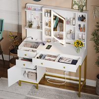 Meuble de chambre moderne en bois blanc, coiffeuse avec miroir LED, station de charge et étagères de rangement pour usage hôtelier