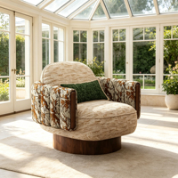 Fauteuil pivotant rétro à imprimé floral, fauteuil rembourré en tissu mélangé, base rotative en bois, fauteuil lounge pour salon de villa