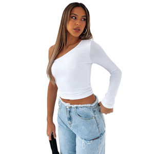 Canale XS-XL Y2K ragazza una spalla manica lunga Slim Fit pianura Crop Top T Shirt Femme 2023 - Product Image 2