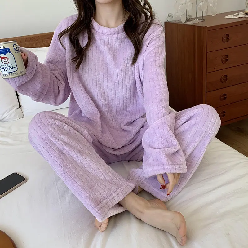 Women Pajamas Sets New Autumn Winter Warm Thick Coral Velvet Long Sleeve Purple Sleepwear Home Pajamas Set for Girl