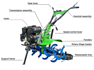Motoculteur multifonctionnel 170F 7HP 4.00KW à essence avec boîte de vitesses à roulement, démarrage manuel, quatre roues, 3 groupes - Product Image 3
