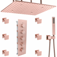 Ensemble de douche thermostatique moderne 16 pouces en laiton brossé, finition or rose, avec mitigeur encastré, jets de pluie et d'air, jets de massage doux et modes de jet pause