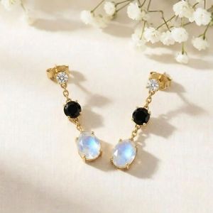 Natural Rainbow Moonstone <b>Black</b> Obsidian Drop <b>Stud</b> <b>Earrings</b> with CZ Accent in 925 Sterling Silver Elegant Gemstone Dangle - Product Image 2