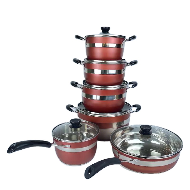 # 12-Piece Red Stainless Steel Cookware Set – Non-Stick Pots, Frying Pan &amp; Glass Lid Kitchen Cooking Set
