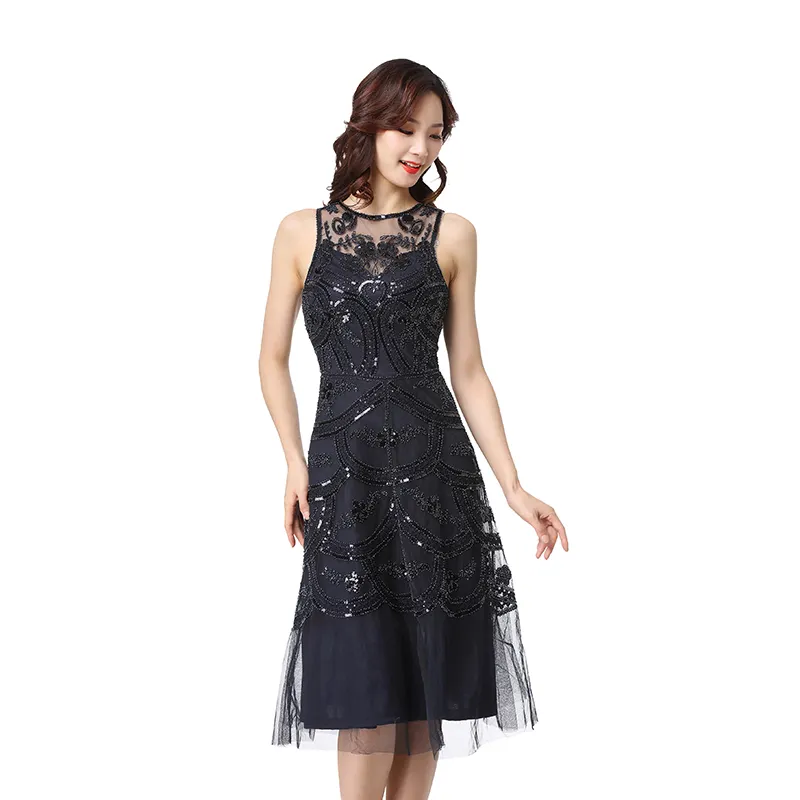 Women Beaded Sequined Floral Applique Sleeveless Backless Party Dress