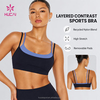Soutien-gorge de sport double couche contrastant à bretelles, personnalisé avec logo ODM HUCAI, écologique, recyclable, pour femme, haute élasticité, idéal yoga et gym