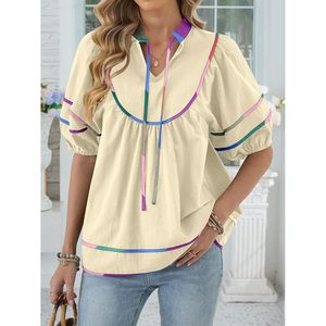Womens Boho Blouse V Neck Short <b>Lantern</b> Sleeve Chiffon Flowy Peplum Top Casual Everyday Wear Breathable Summer Shirt - Product Image 3