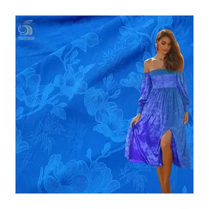 Deep Sea Blue Custom Jacquard Polyester Satin Fabric Floral Pattern Soft Dress Garment Fabric Satin