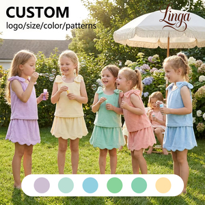 Conjunto Casual de 2 Piezas <span class=keywords><strong>para</strong></span> Niños, Camiseta sin Mangas de Poliéster, Pantalones Cortos con Volantes, Tirantes Ajustables, Transpirable, Cálido, Servicio OEM - Product Image 1