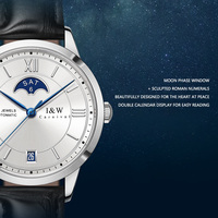 Montre mécanique automatique I&W pour couple, cadran blanc, chiffres romains, affichage de la phase de lune et de la date, noire, style professionnel, en promotion