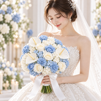 Bouquet de mariée artificiel bleu et blanc de 25 cm, fleur de mariage en anthurium blanc, rose et hortensia avec ruban