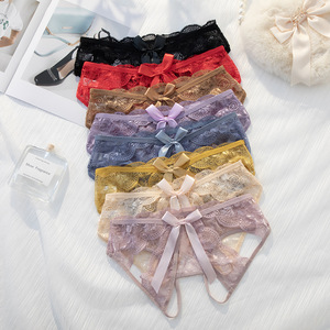 Bikini a vita alta in pizzo sexy con apertura tra le gambe, intimo da donna senza rimozione, tentazione trasparente, <span class=keywords><strong>perizoma</strong></span> con fiocco sui fianchi - Product Image 4