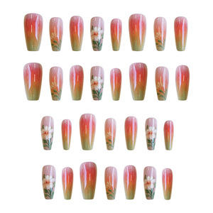 <span class=keywords><strong>Uñas</strong></span> postizas Sunset Watercolor, cuadradas cortas con degradado de naranja a verde y margarita pintada a mano, <span class=keywords><strong>uñas</strong></span> acrílicas artísticas. - Product Image 3