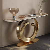 Table console multifonctionnelle moderne de luxe léger avec plateau en ardoise et piétement sur colonne, pour salon, entrée, face à la porte, en acier inoxydable