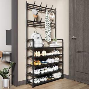 Étagère de <span class=keywords><strong>rangement</strong></span> sur pied <span class=keywords><strong>à</strong></span> 5 niveaux pour entrée, chambre, placard, manteaux, vêtements, sacs, avec porte-chaussures et crochets - Product Image 1