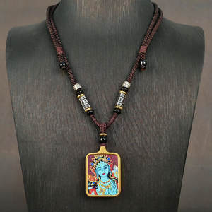 Colgante Thangka del Buda Guardián del Zodiaco - Tara Verde Zhaxi Lamu Jambhala Amarillo con Incrustaciones <span class=keywords><strong>de</strong></span> Cinabrio y Oro - Product Image 5