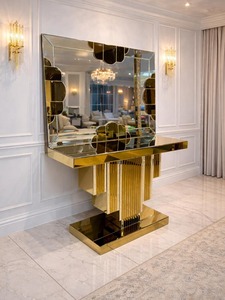 Specchio Dorato di Lusso <span class=keywords><strong>con</strong></span> Consolle, Stile Art Déco, per <span class=keywords><strong>Ingresso</strong></span> e Corridoio, Specchio da Parete per Villa e Arredamento Casa - Product Image 1