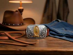 Fibbia grande in argento da 5,0 cm, rotonda e quadrata, placcata in oro. - Product Image 2