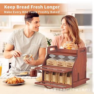 Boîte à pain en bois double couche avec porte en verre et porte-couteau pour le rangement de la cuisine - Product Image 4