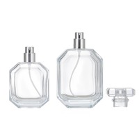 Fabrication sur mesure de flacons de parfum vides en verre transparent, écologiques et économiques, 30 ml, 50 ml, 100 ml, avec bouchon argenté et impression sérigraphique.