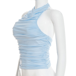 Viviblook Y26TP020 – Nouveau débardeur sexy plissé sans manches à col licou pour femme - Product Image 2