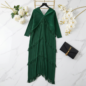 <span class=keywords><strong>Abito</strong></span> lungo plissettato Miyake 2026 da donna con frange, scollo a V, <span class=keywords><strong>maniche</strong></span> a <span class=keywords><strong>3</strong></span>/<span class=keywords><strong>4</strong></span>, taglie forti, elegante per feste, design plissettato - Product Image 2