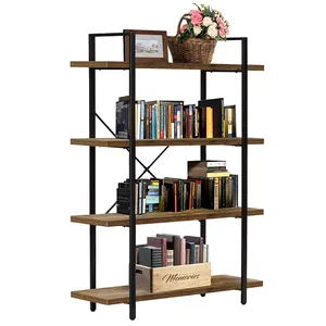 Industrial Luxury Wood Bookshelf Living Room Metal Frame Corner Furniture Billy Bookcases MDF Wooden 4 Tiers Book Shelf For Sale