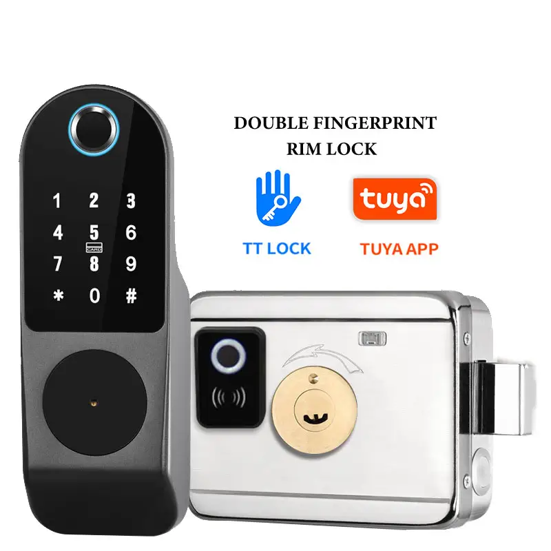 Silver smart door lock with finger print and keys password card code fingerprint smart lock door waterproof outdoor