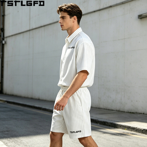 Conjunto de Camisa a Rayas Personalizada y Pantalones Cortos con Cordón, Transpirable, Estilo Urbano, Dos Piezas, Venta al Por Mayor - Product Image 4