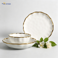 Service de table en porcelaine à bord doré, 20 pièces, jetable, résistant à la chaleur, compatible lave-vaisselle, style européen, kit d'ustensiles, pour la remise des diplômes